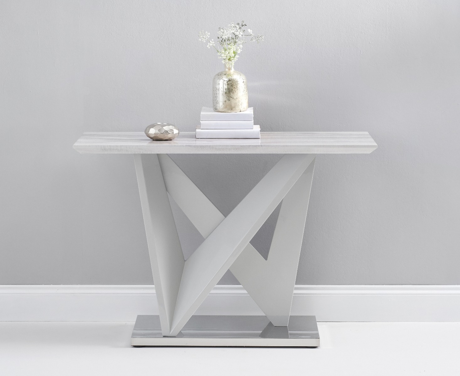 Product photograph of Reims Marble Effect Carrera Light Grey Console Table from Oak Furniture Superstore