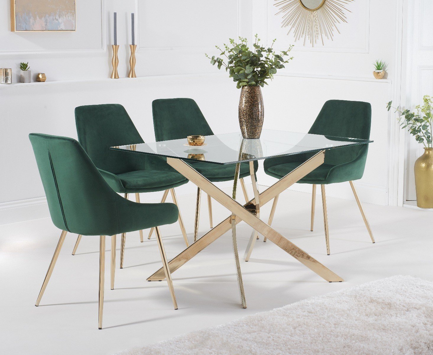 Denver 120cm Rectangular Gold Leg Glass Dining Table With 4 Grey Lola Velvet Chairs