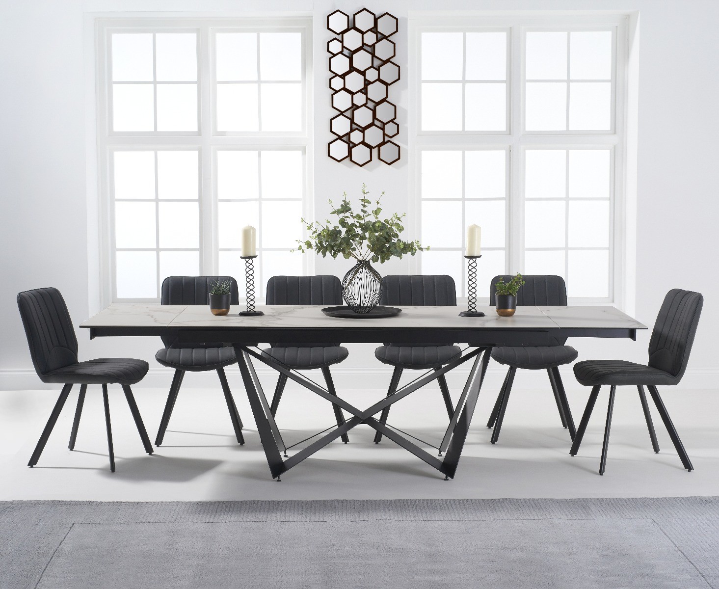 Blenheim 180cm White Ceramic Dining Table With 10 Brown Hendrick Faux Leather Chairs
