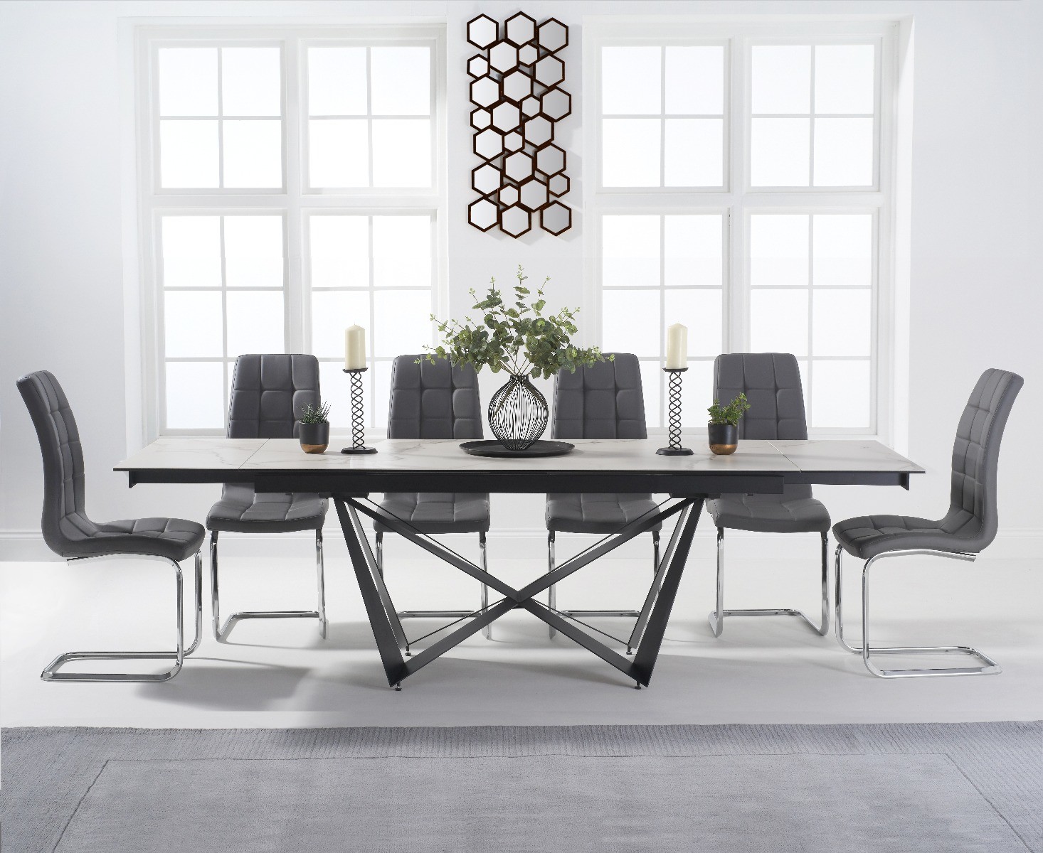 Blenheim 180cm White Ceramic Dining Table With 8 Black Vigo Chairs