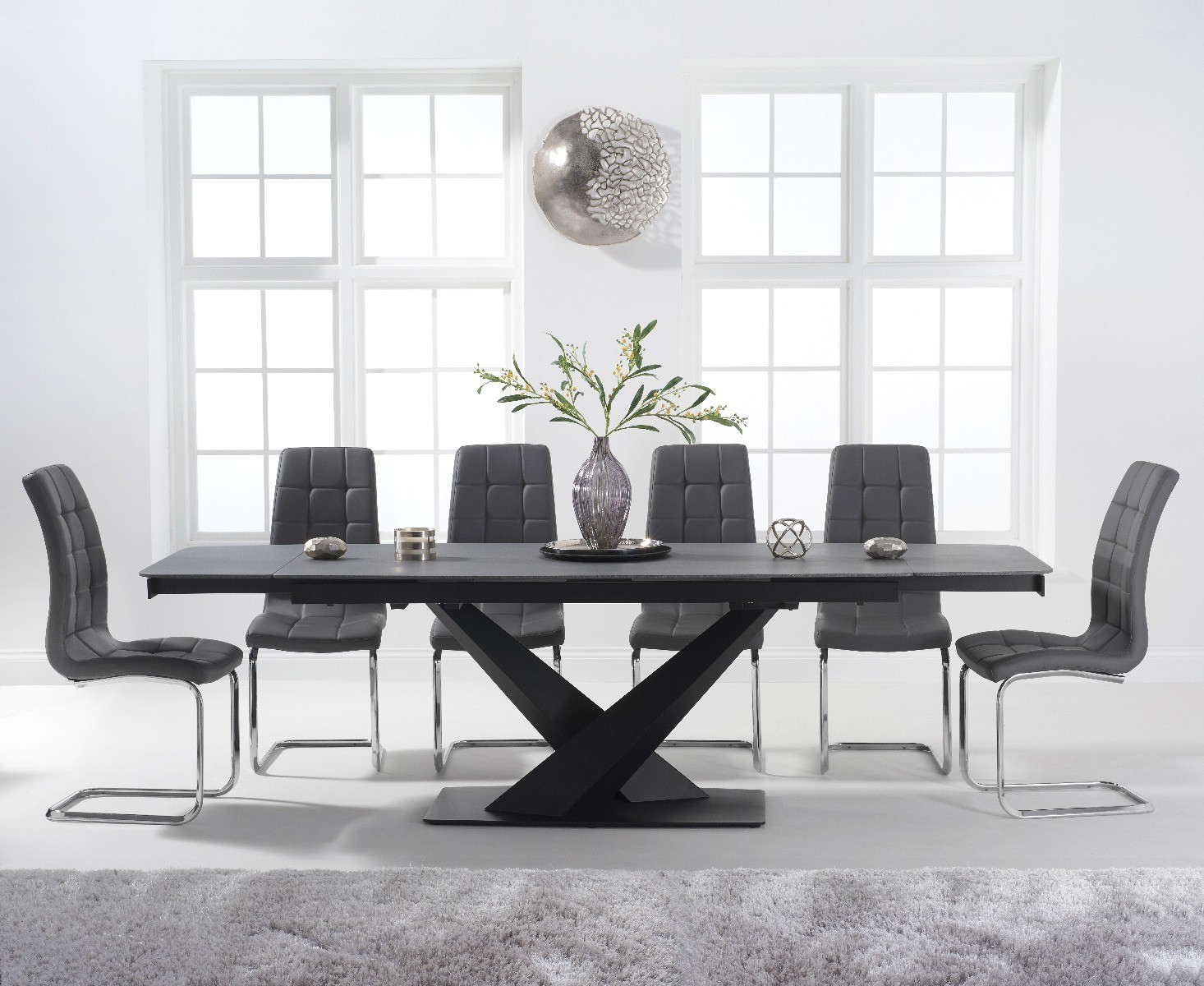 Jacob 180cm Extending Grey Stone Table With 6 Black Vigo Chairs