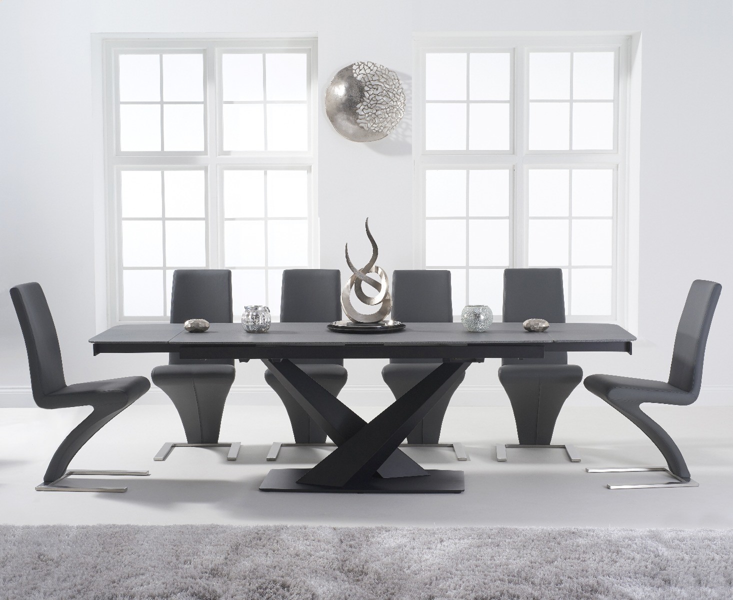 Jacob 180cm Extending Grey Stone Table With 6 Black Hampstead Z Chairs