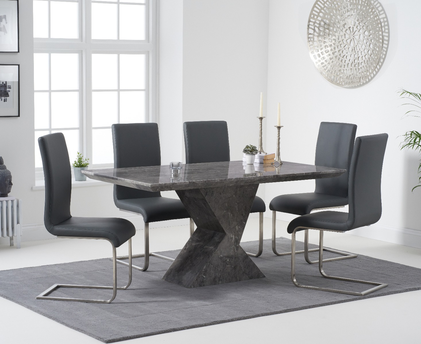 Aaron 160cm Grey Marble Dining Table With 4 White Malaga Dining Chairs