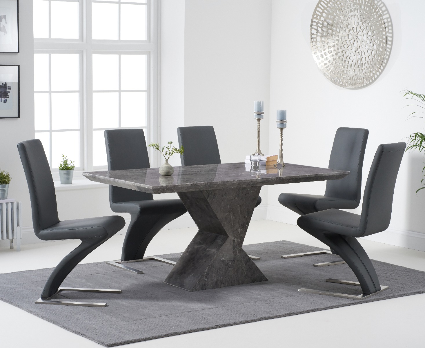Product photograph of Aaron 160cm Grey Marble Dining Table With 8 Black Aldo Dining Chairs from Oak Furniture Superstore