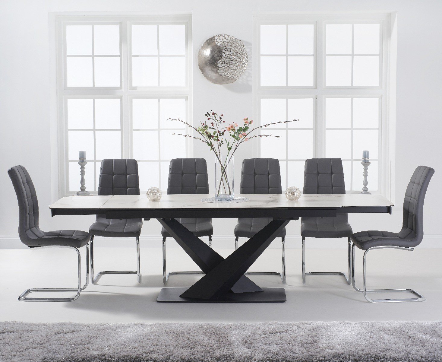 Jacob 180cm White Extending Ceramic Dining Table With 12 White Vigo Chairs