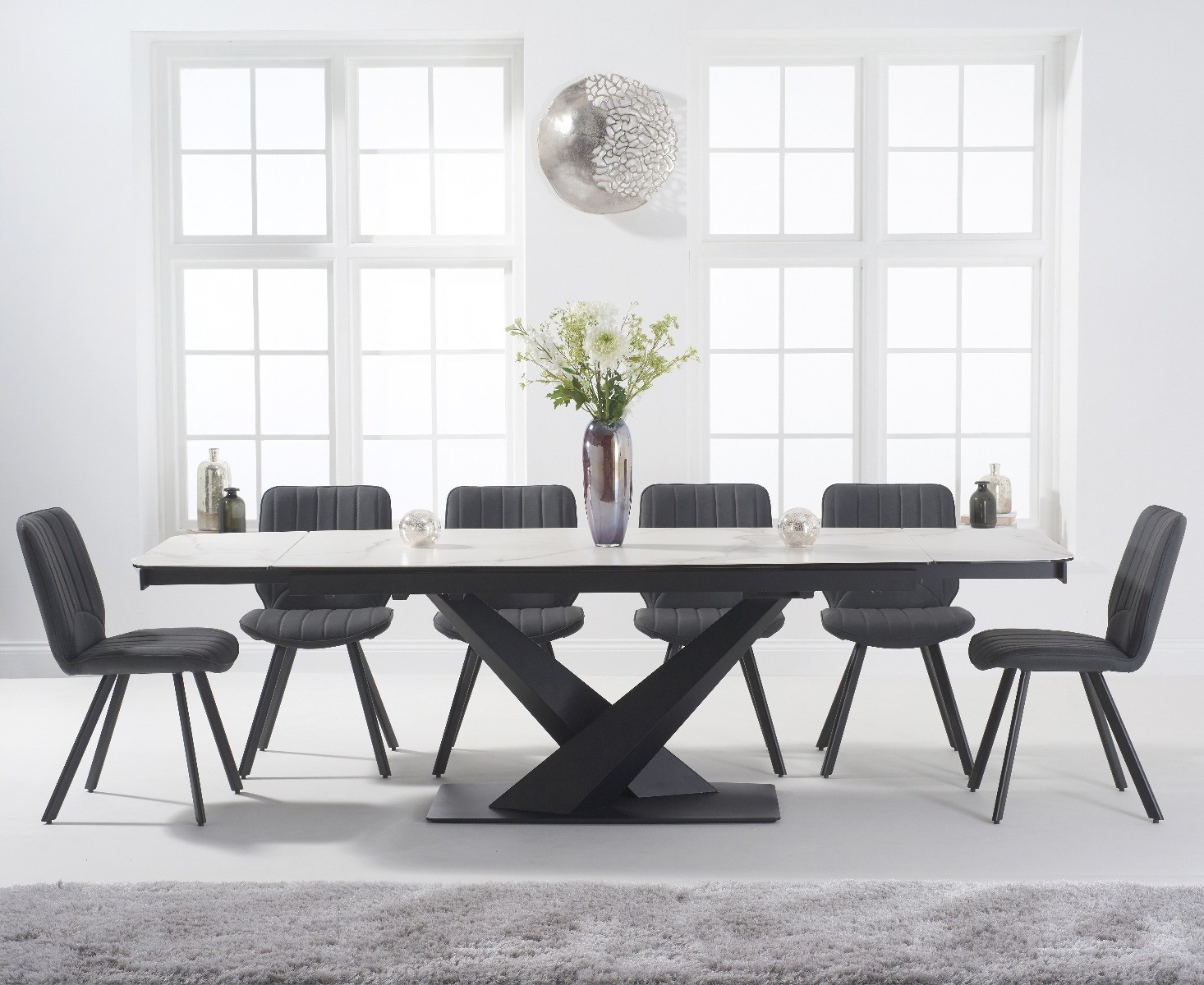 Jacob 180cm White Extending Ceramic Dining Table With 8 Brown Hendrick Faux Leather Chairs