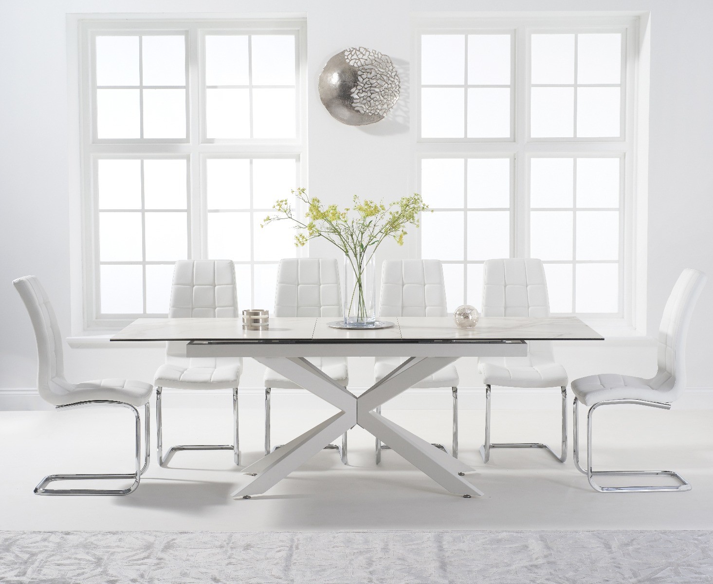 Boston 180cm White Leg Extending Ceramic Dining Table With 10 Black Vigo Chairs