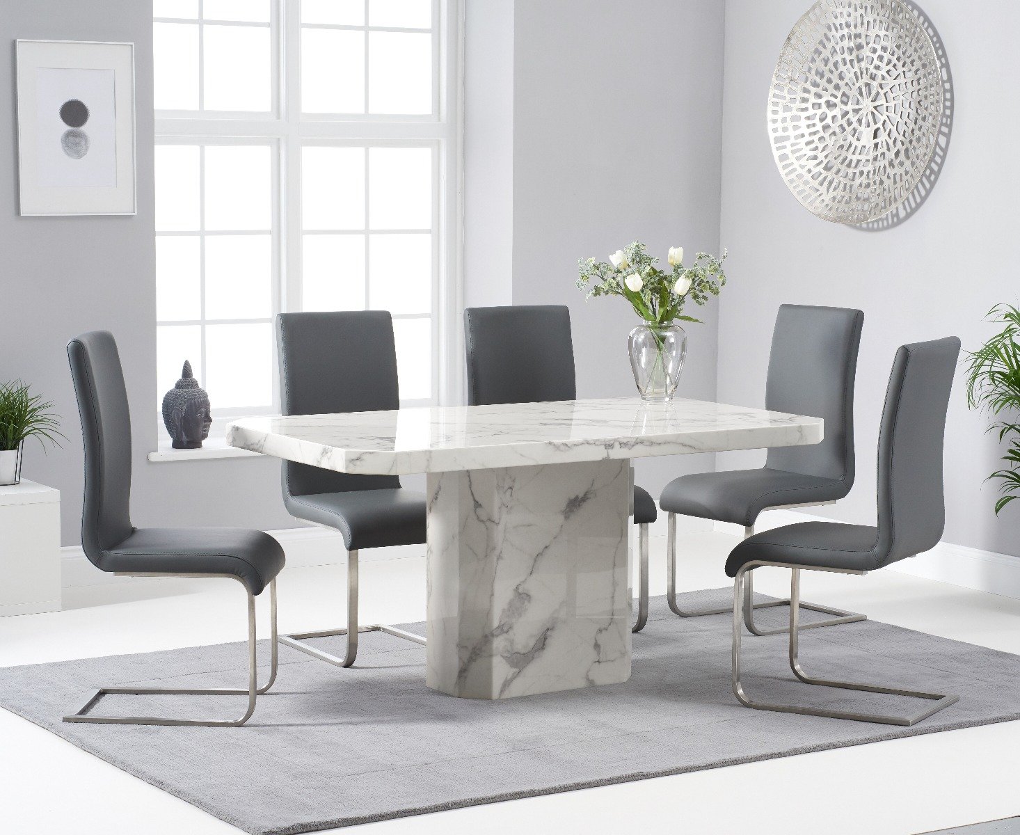 Belle 160cm White Marble Dining Table With 4 Grey Malaga Dining Chairs