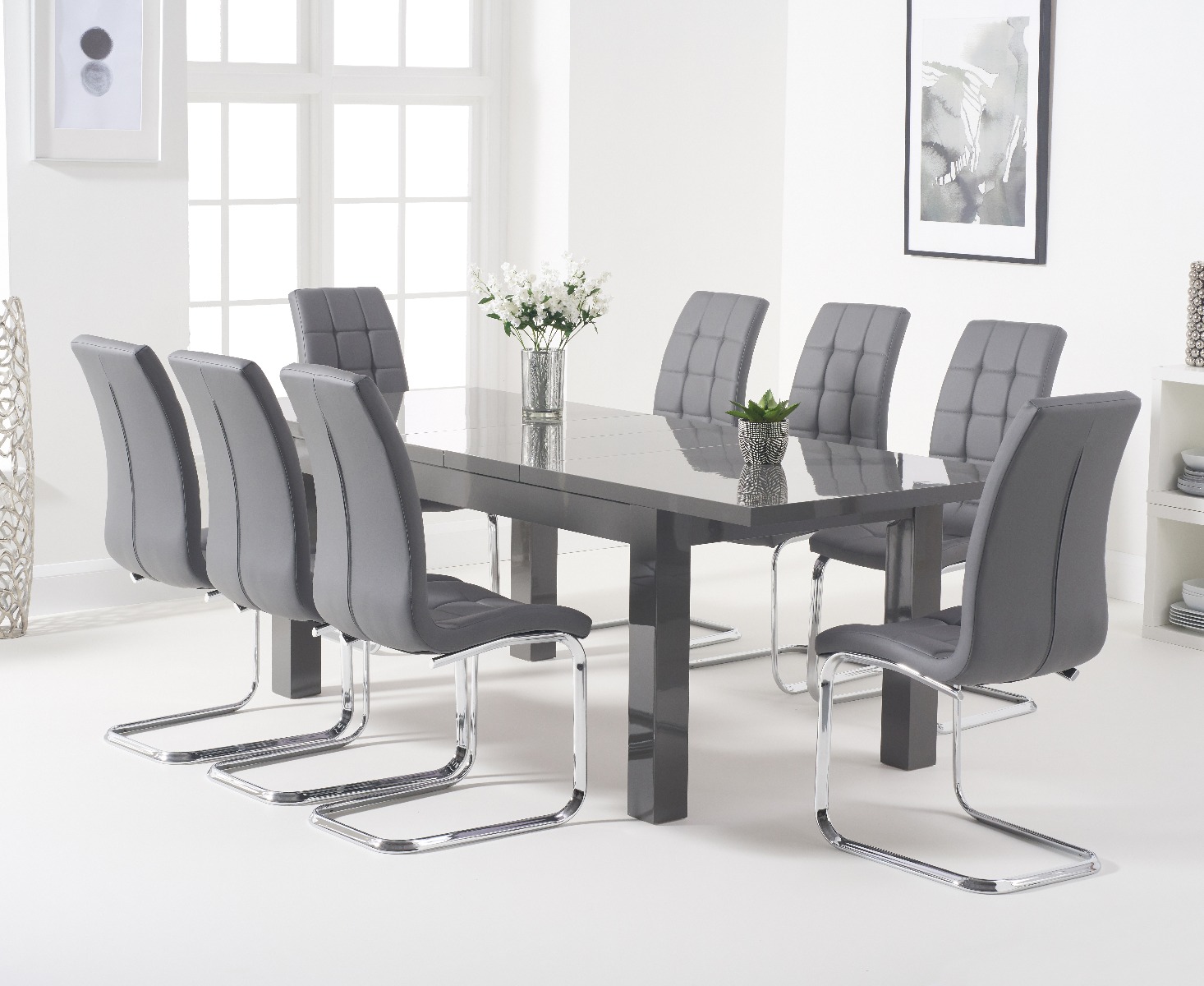 Atlanta Dark Grey Gloss 160220cm Extending Dining Table With 6 White Vigo Chairs