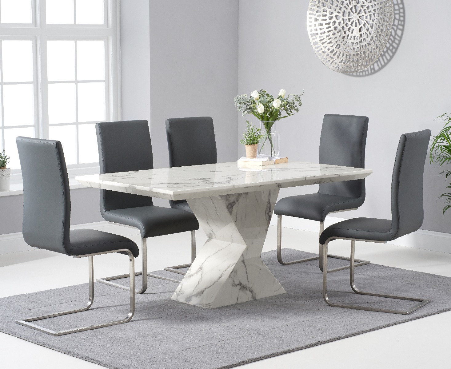 Aaron 160cm White Marble Dining Table With 6 Grey Malaga Dining Chairs