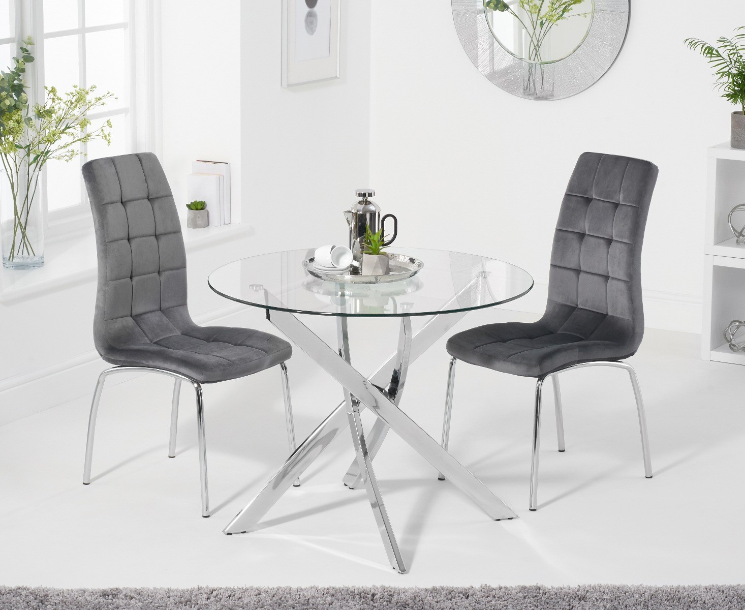 Product photograph of Denver 95cm Glass Dining Table With 4 Grey Enzo Velvet Chairs from Oak Furniture Superstore