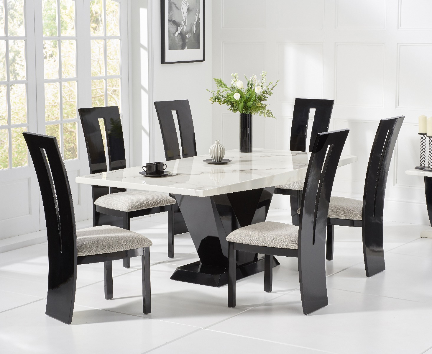 Verbier 200cm White V Pedestal Marble Dining Table With 10 Brown Verbier Chairs