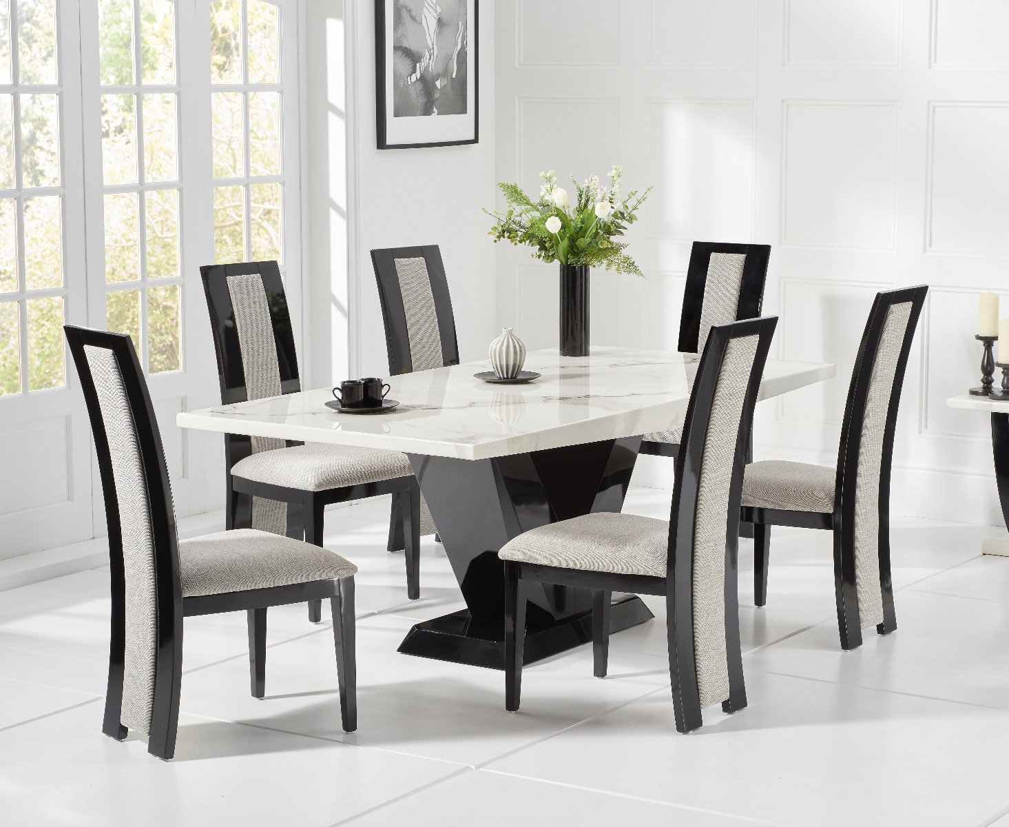 Verbier 200cm White V Pedestal Marble Dining Table With 6 Brown Raphael Chairs