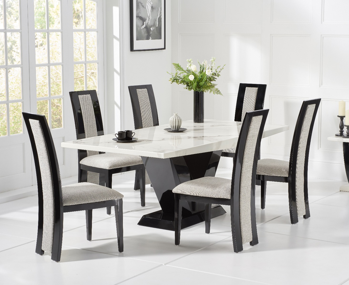 Verbier 200cm White V Pedestal Marble Dining Table With 10 Brown Raphael Chairs