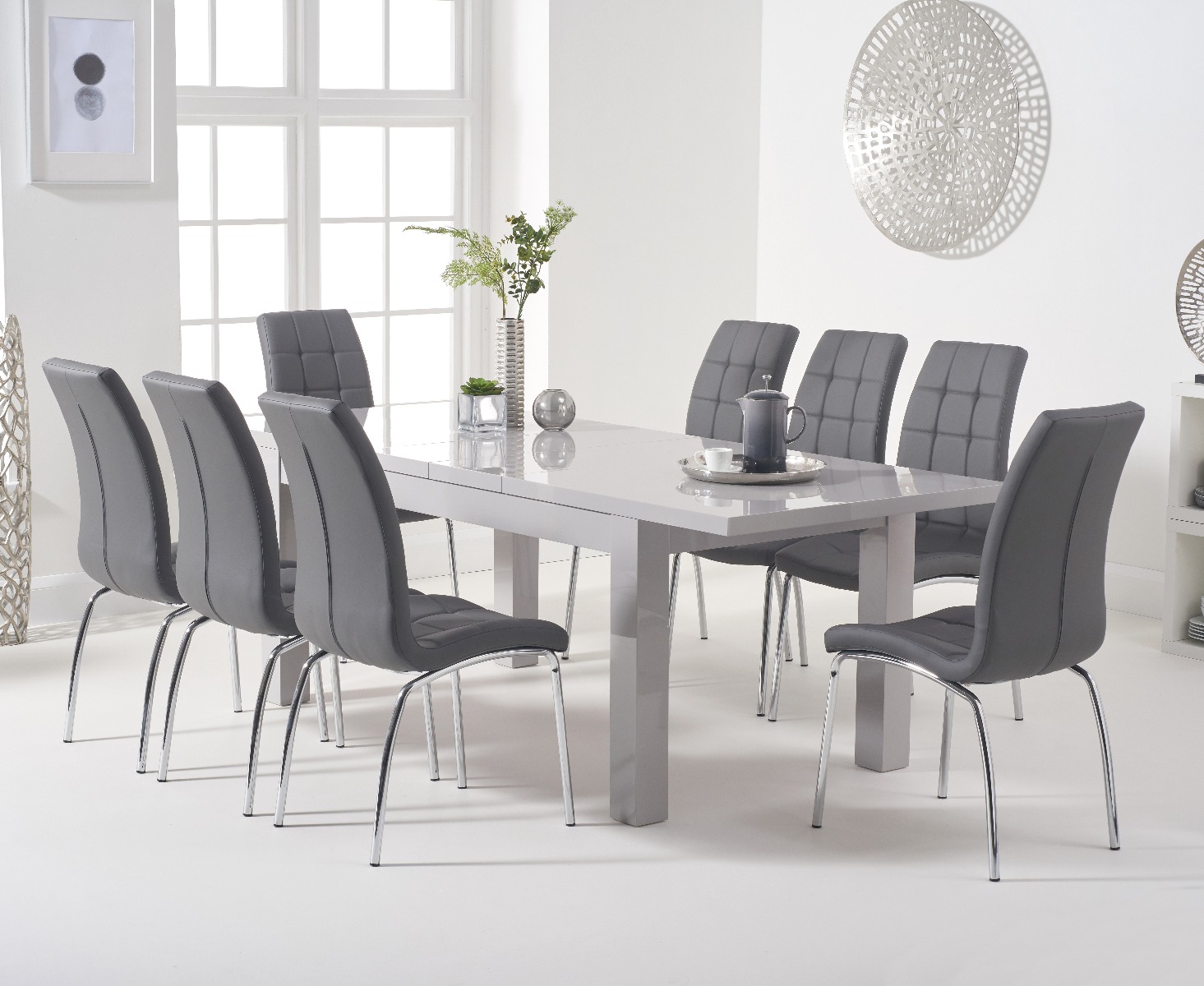 Product photograph of Seattle Light Grey Gloss 160-220cm Extending Dining Table With 8 Black Enzo Chairs from Oak Furniture Superstore