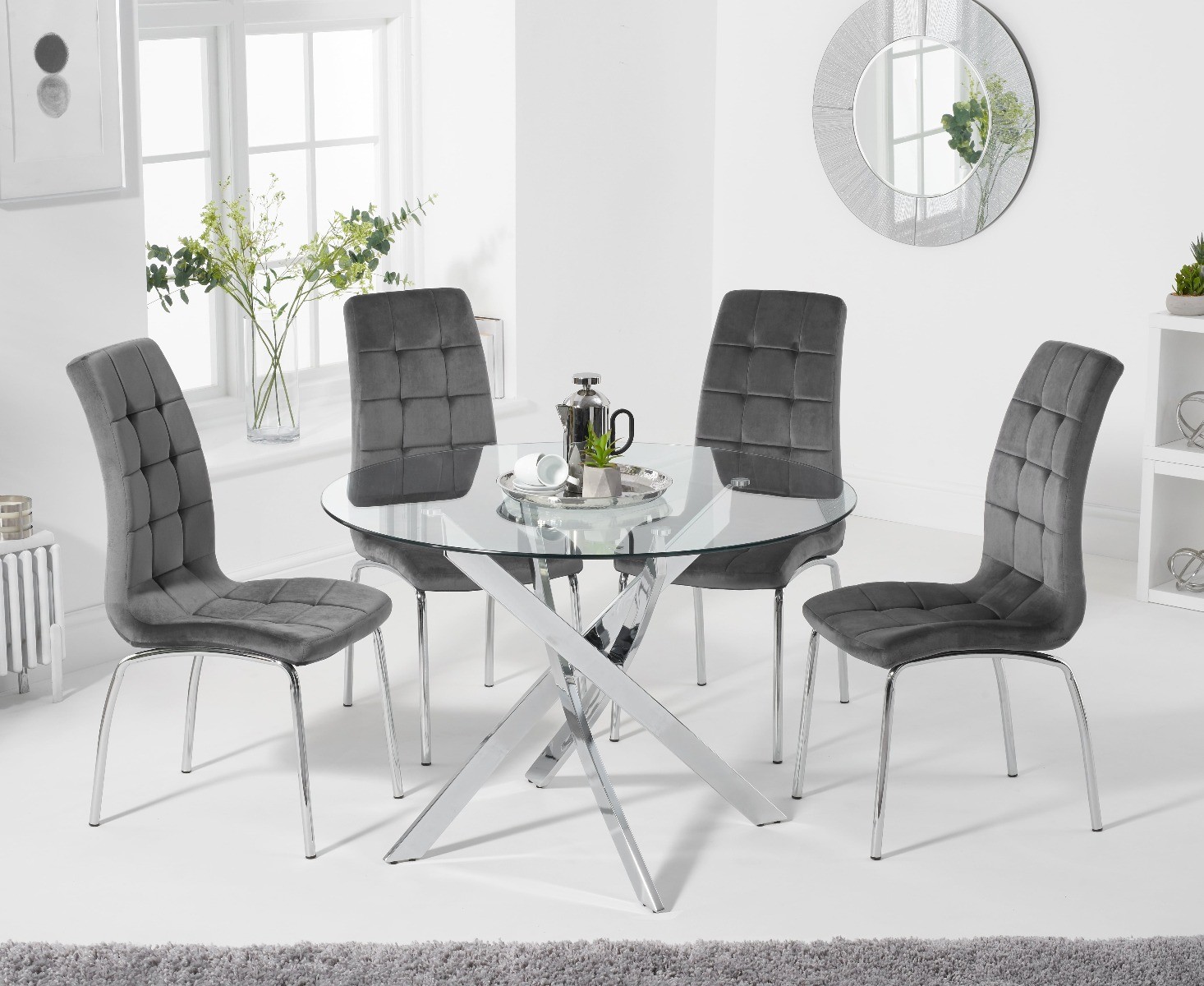 Product photograph of Denver 110cm Glass Dining Table With 6 Grey Enzo Velvet Chairs from Oak Furniture Superstore
