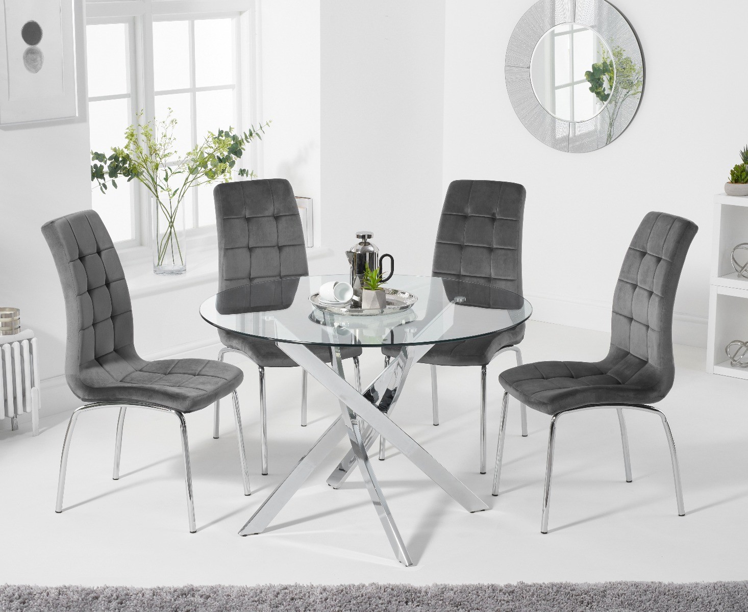 Product photograph of Denver 120cm Glass Dining Table With 6 Grey Enzo Velvet Chairs from Oak Furniture Superstore
