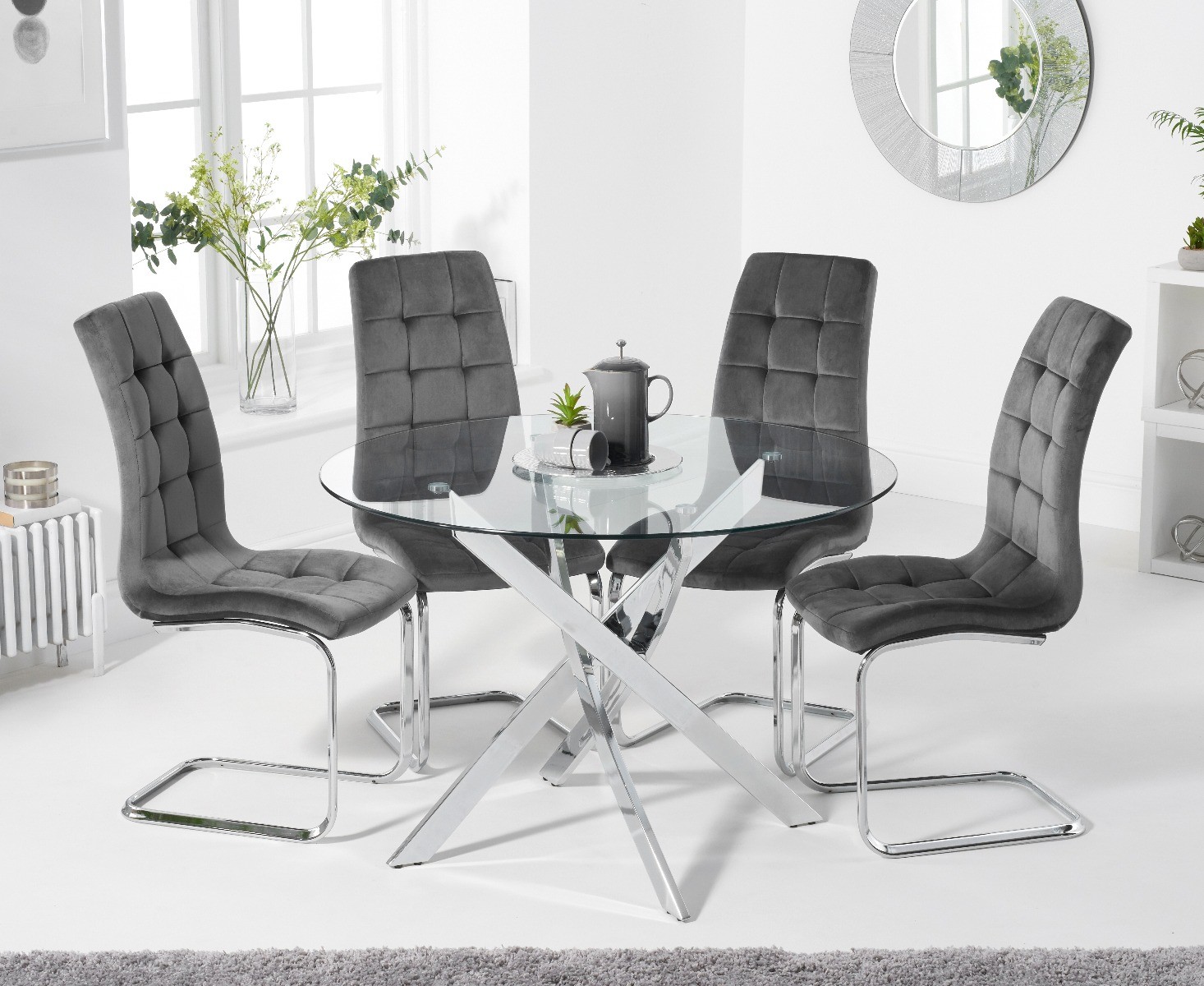 Product photograph of Denver 95cm Glass Dining Table With 4 Grey Vigo Velvet Chairs from Oak Furniture Superstore