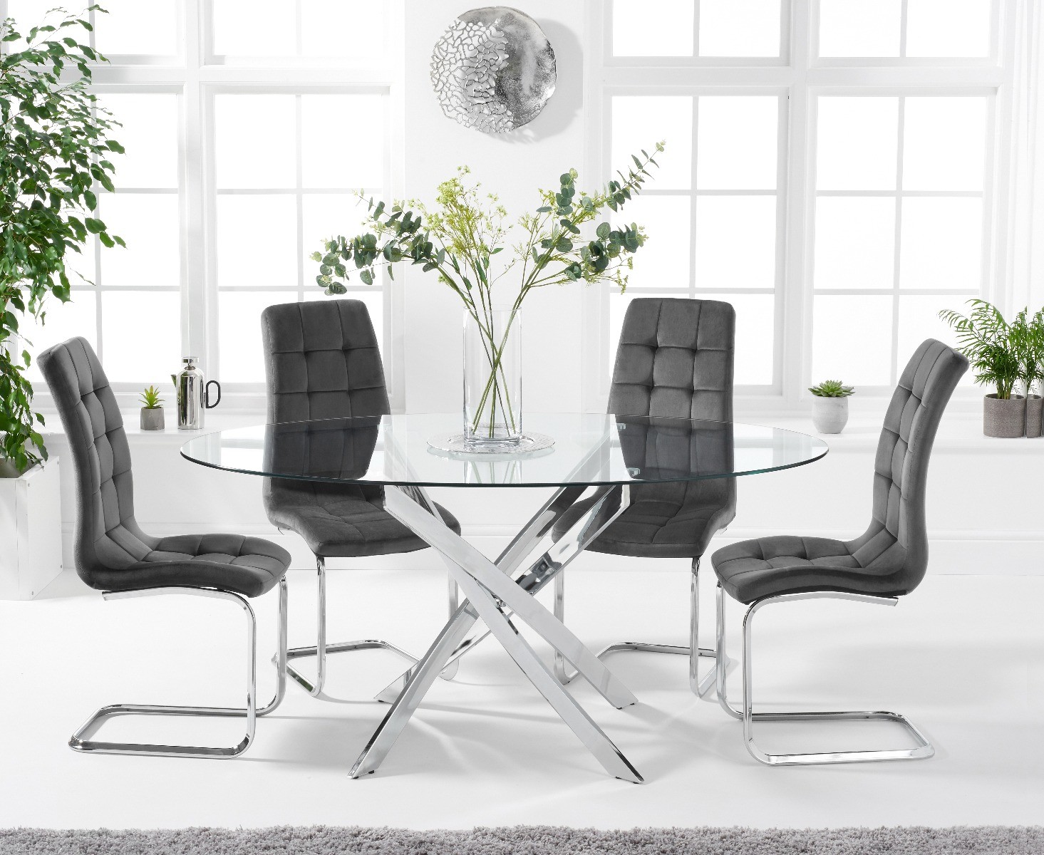 Denver 165cm Oval Glass Dining Table With 8 Grey Vigo Velvet Chairs