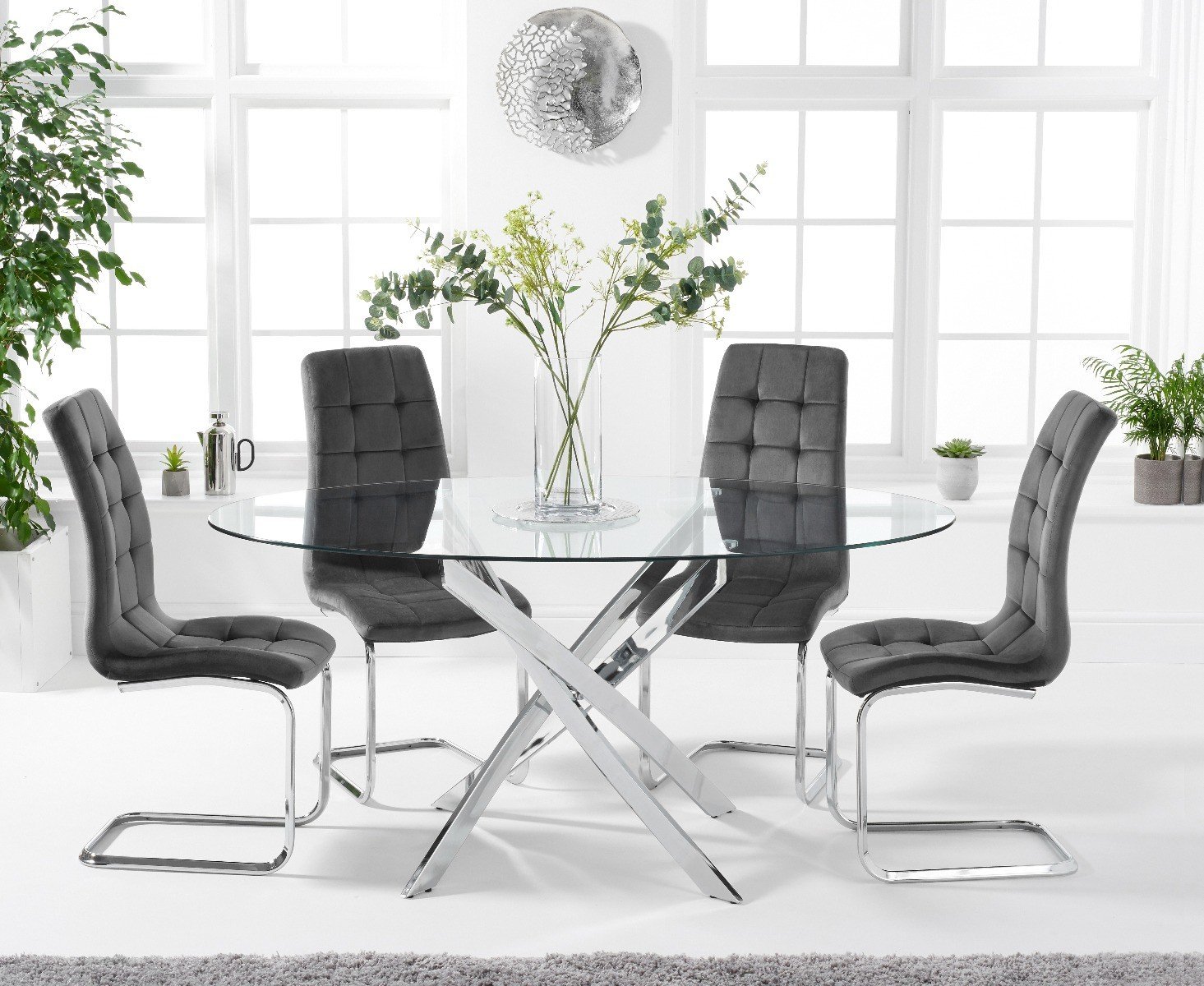 Denver 165cm Oval Glass Dining Table With 6 Grey Vigo Velvet Chairs