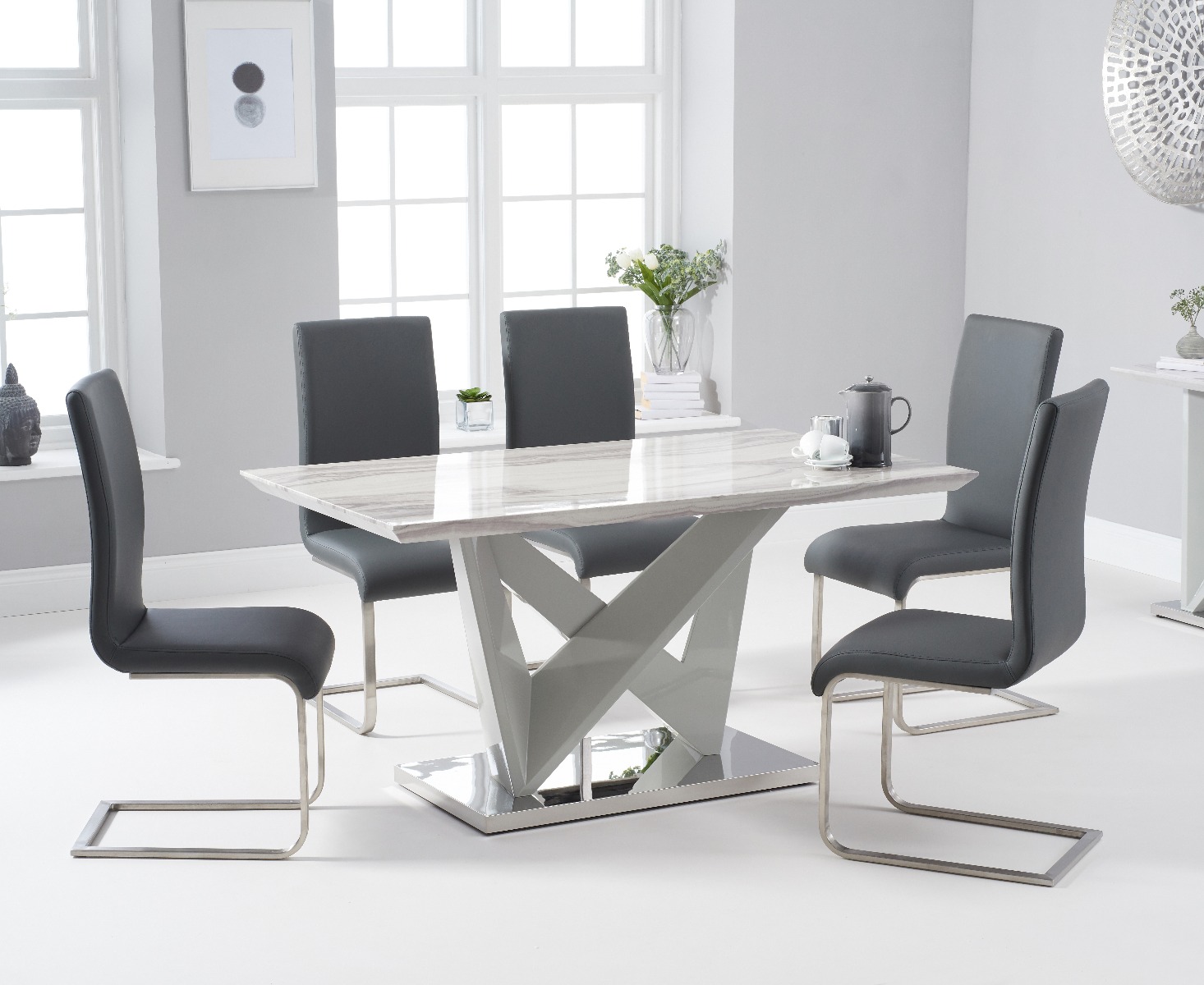 Reims 150cm Marble Effect Carrera Light Grey Dining Table With 6 Grey Malaga Dining Chairs