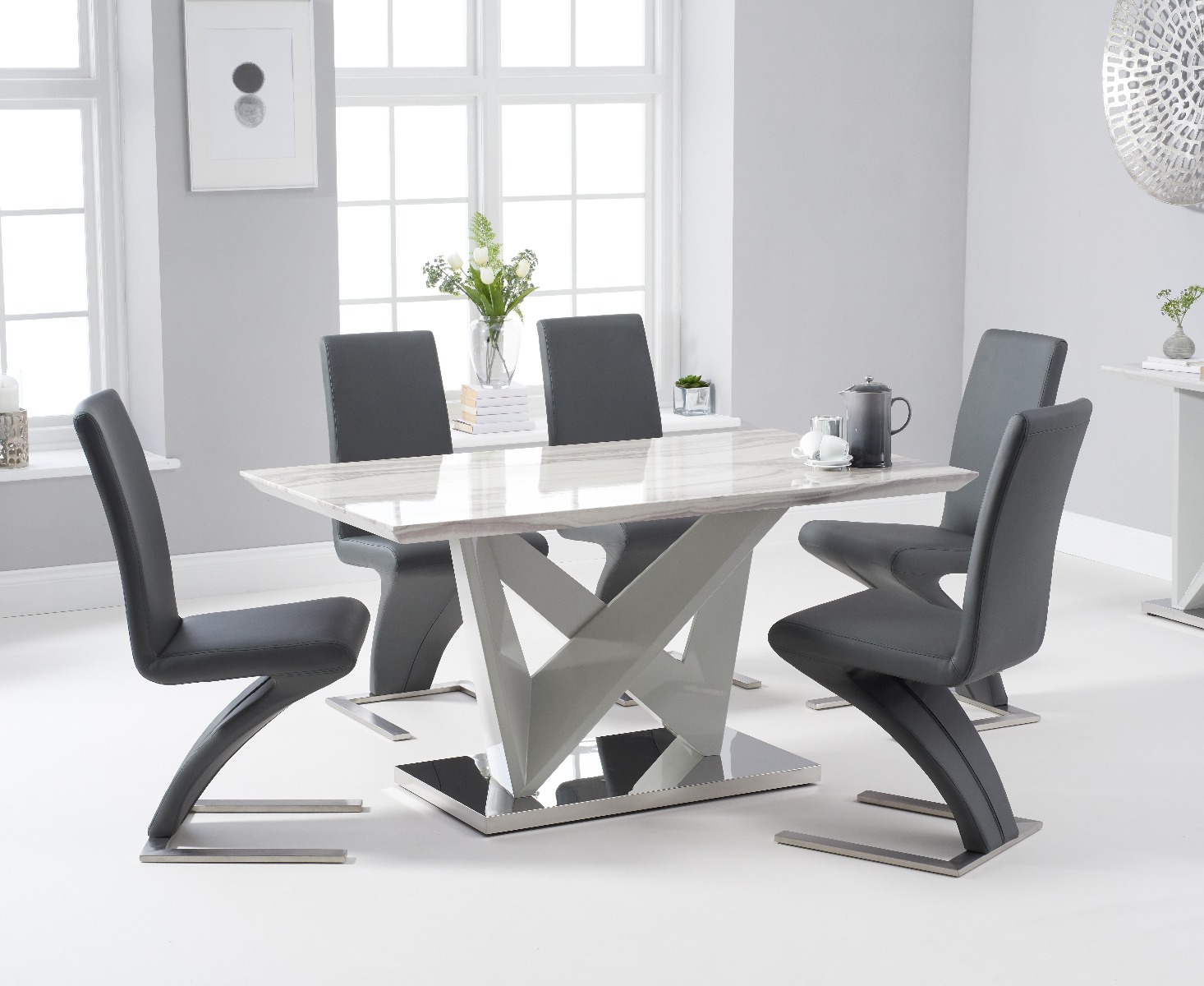 Product photograph of Reims 150cm Marble Effect Carrera Light Grey Dining Table With 4 Grey Hampstead Dining Chairs from Oak Furniture Superstore