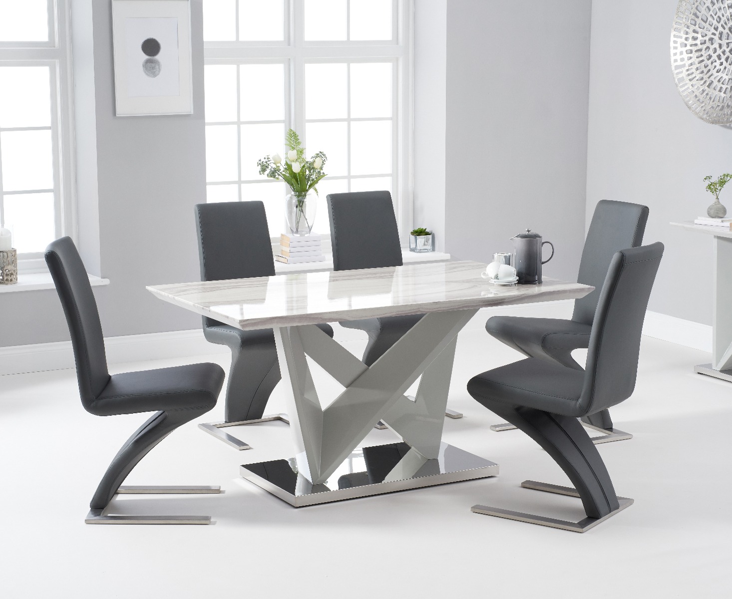 Reims 150cm Marble Effect Carrera Light Grey Dining Table With 6 Black Hampstead Dining Chairs