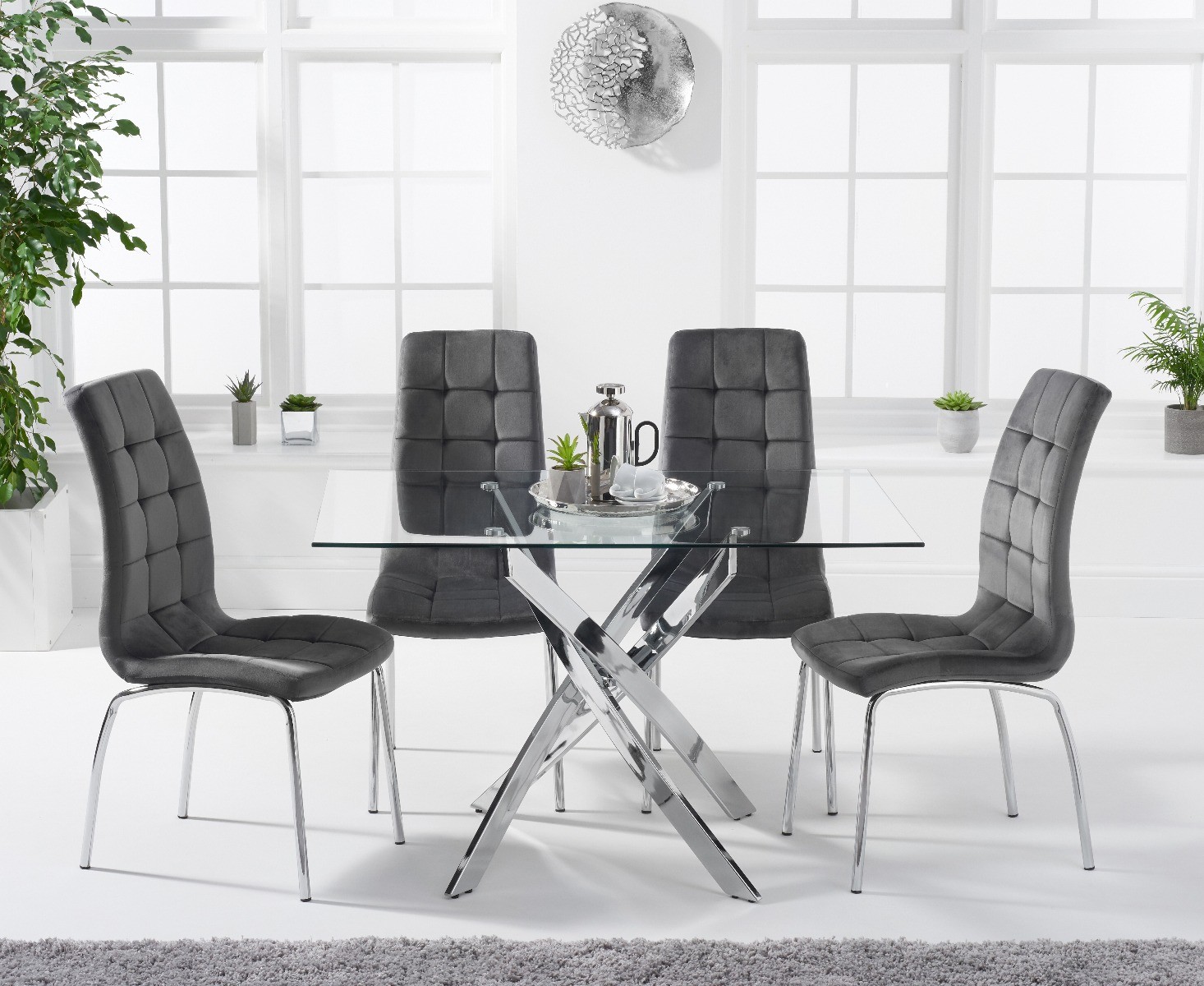 Product photograph of Denver 120cm Rectangular Glass Dining Table With 4 Grey Enzo Velvet Chairs from Oak Furniture Superstore