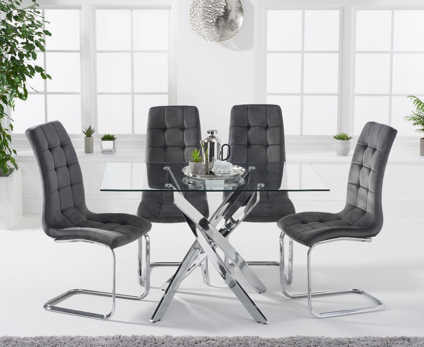 Product photograph of Denver 120cm Rectangular Glass Dining Table With 6 Grey Vigo Velvet Chairs from Oak Furniture Superstore