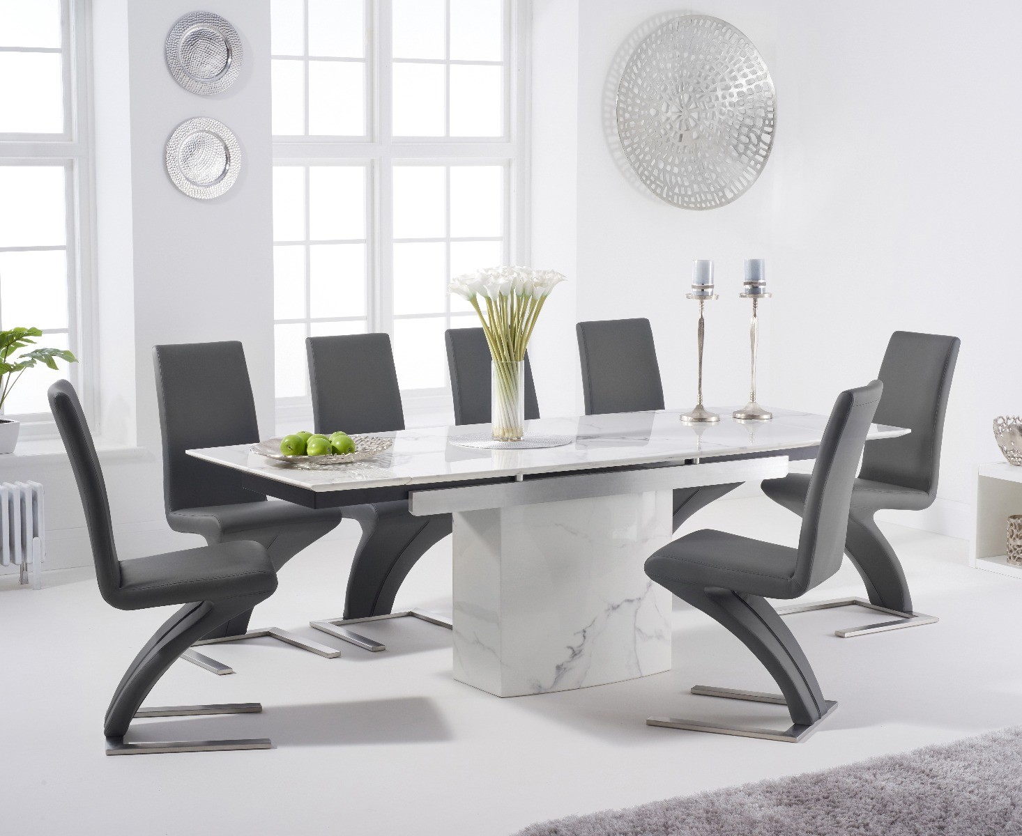Metropolis 160cm Extending White Marble Dining Table With 6 Grey Hampstead Faux Leather Chairs