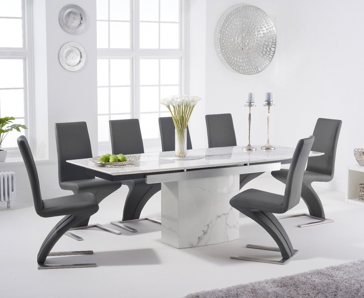 Metropolis 160cm Extending White Marble Dining Table With 6 Grey Hampstead Faux Leather Chairs