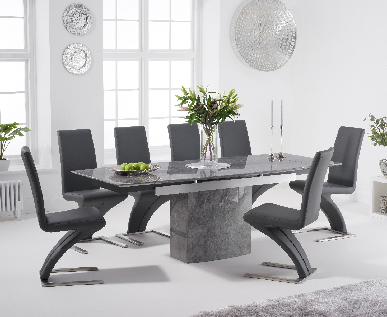 Metropolis 160cm Extending Grey Marble Dining Table With 6 Grey Hampstead Faux Leather Chairs