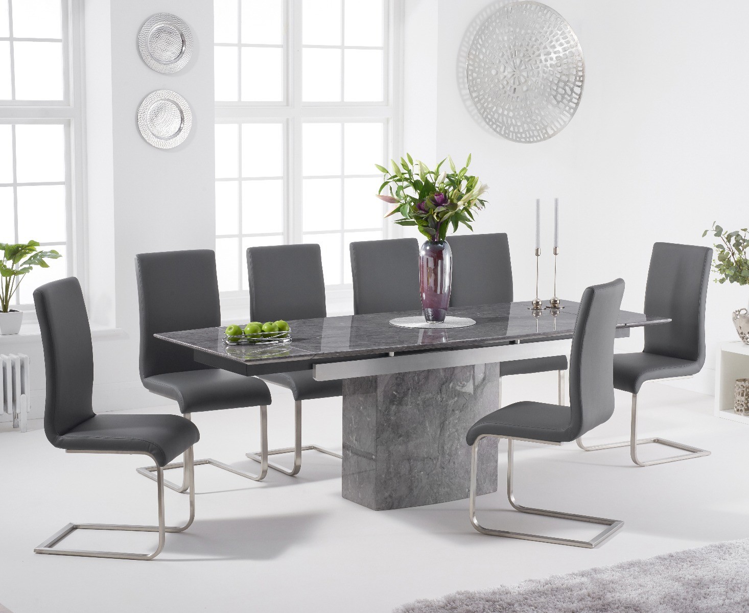Metropolis 160cm Extending Grey Marble Dining Table With 4 Grey Malaga Faux Leather Chairs