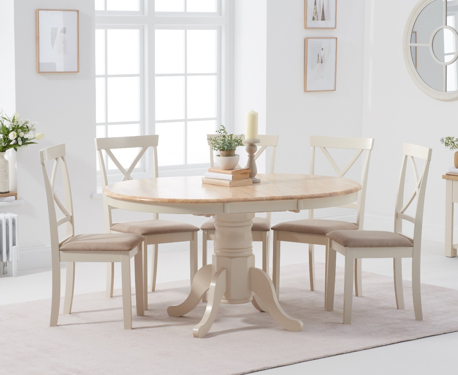 Epsom Cream Painted Pedestal Extending Table With 6 Cream Epsom Chairs With Cream Fabric Seats
