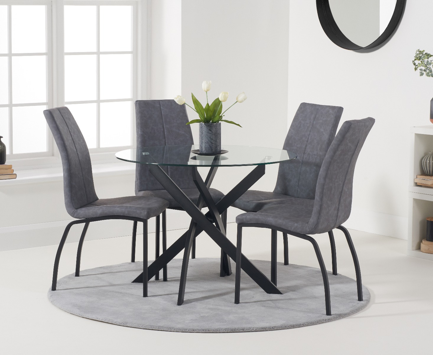 Mara 100cm Round Glass Dining Table With Antique Noir Chairs Brown 4 Chairs Lovehomestyle