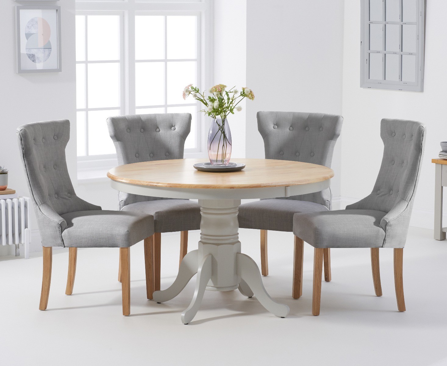 Epsom 120cm Oak And Grey Painted Dining Table With 6 Grey Clara Fabric Chairs