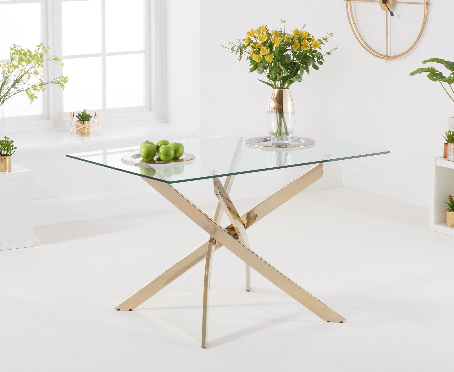 Product photograph of Denver 120cm Rectangular Glass Gold Leg Dining Table from Oak Furniture Superstore