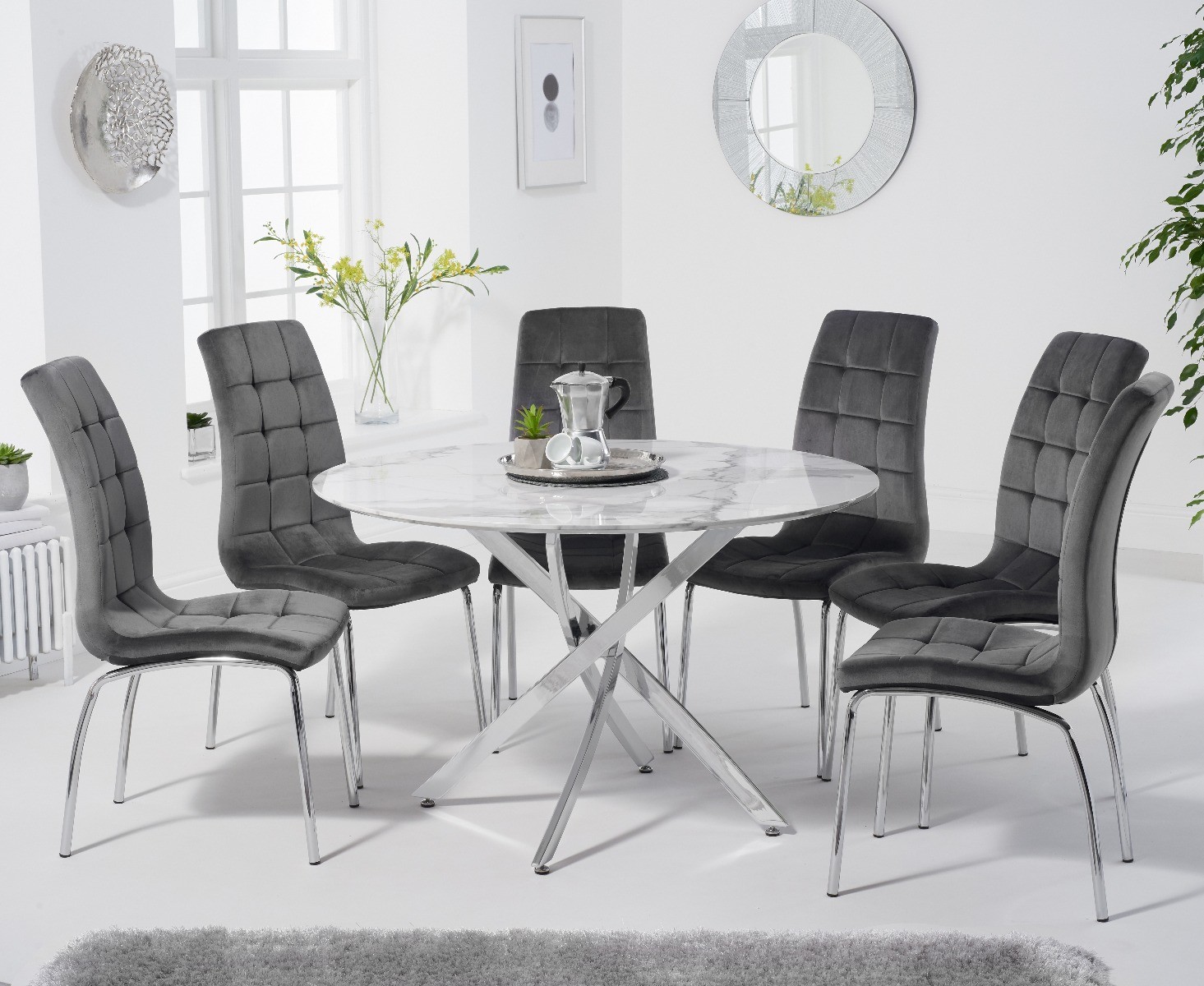 Product photograph of Carter 120cm Round White Marble Table With 6 Grey Enzo Velvet Chairs from Oak Furniture Superstore