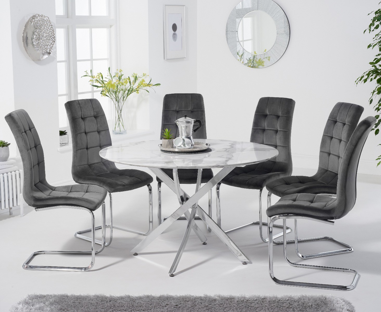 Product photograph of Carter 120cm Round White Marble Table With 6 Grey Vigo Velvet Chairs from Oak Furniture Superstore