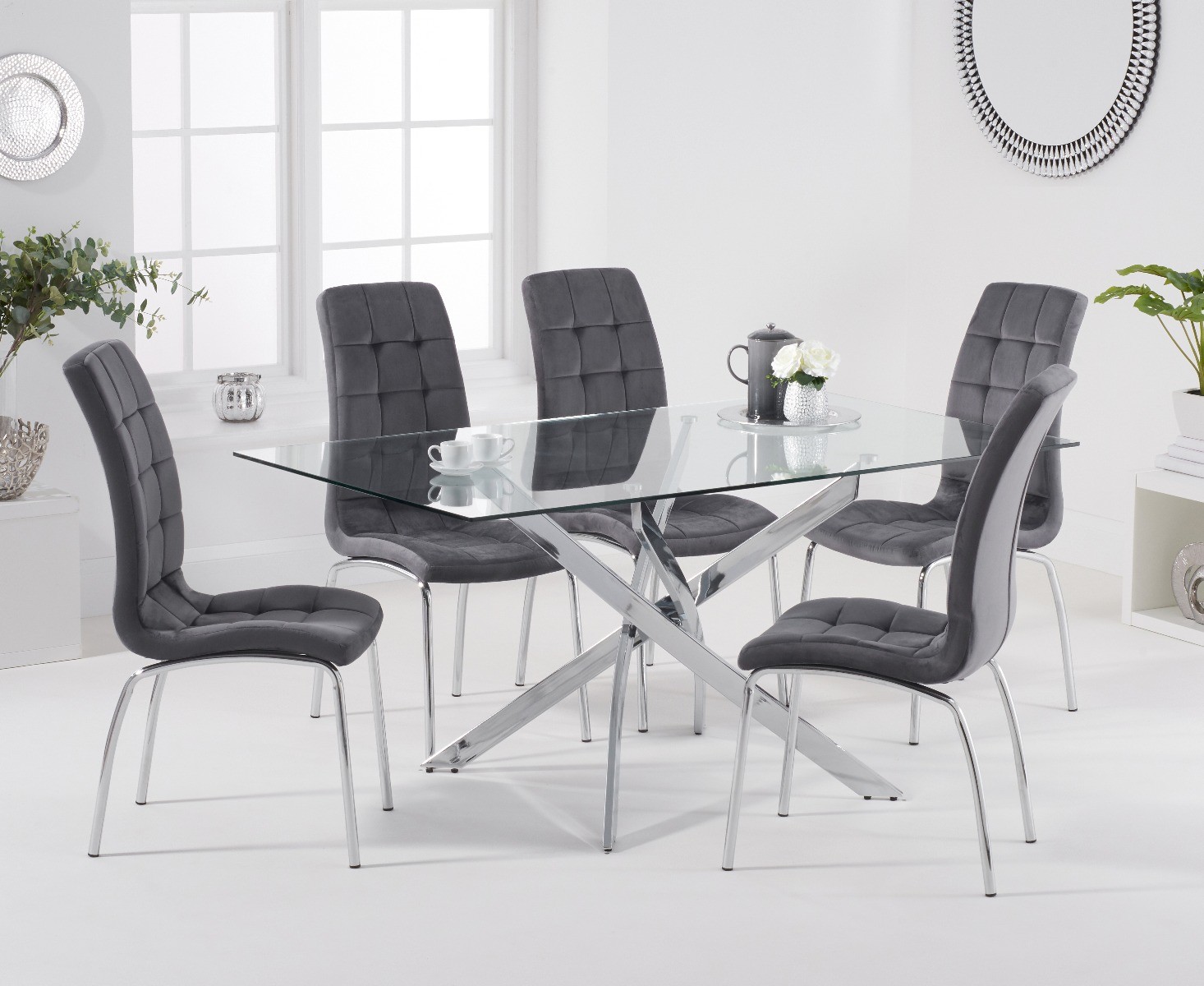Product photograph of Denver 160cm Rectangular Glass Dining Table With 8 Grey Enzo Velvet Chairs from Oak Furniture Superstore