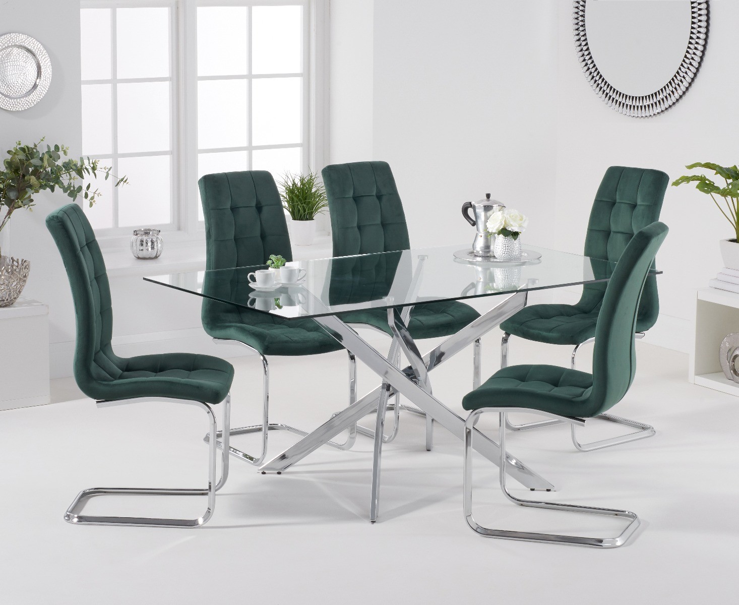 Denver 160cm Rectangular Glass Dining Table With 6 Grey Vigo Velvet Chairs