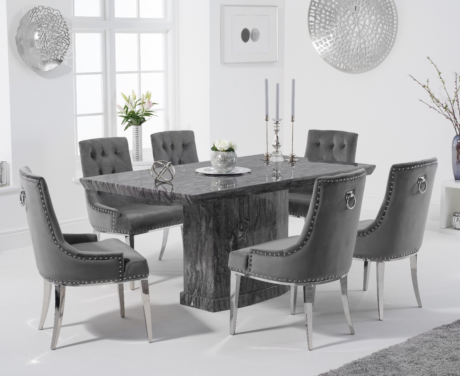 Product photograph of Carvelle 160cm Grey Marble Table With 6 Grey Sienna Velvet Chairs from Oak Furniture Superstore