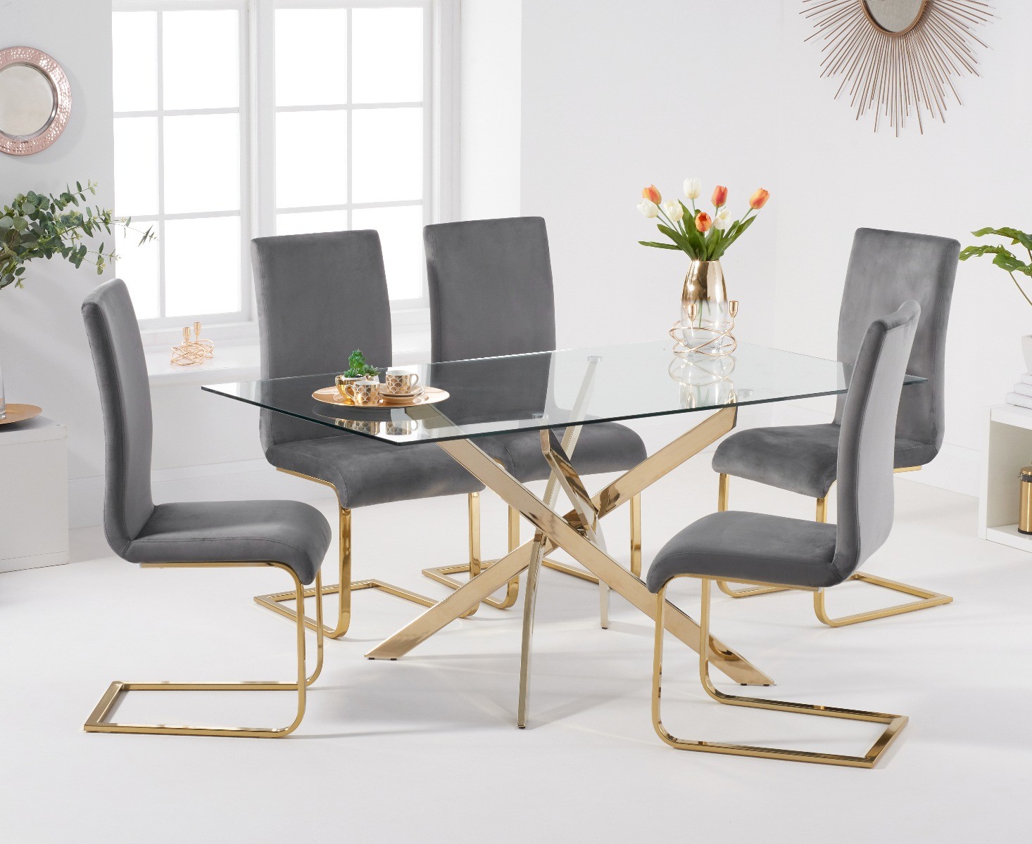 An image of Denver 160cm Gold Leg Glass Dining Table with Malaga Velvet Chairs - Grey, 4 Cha...