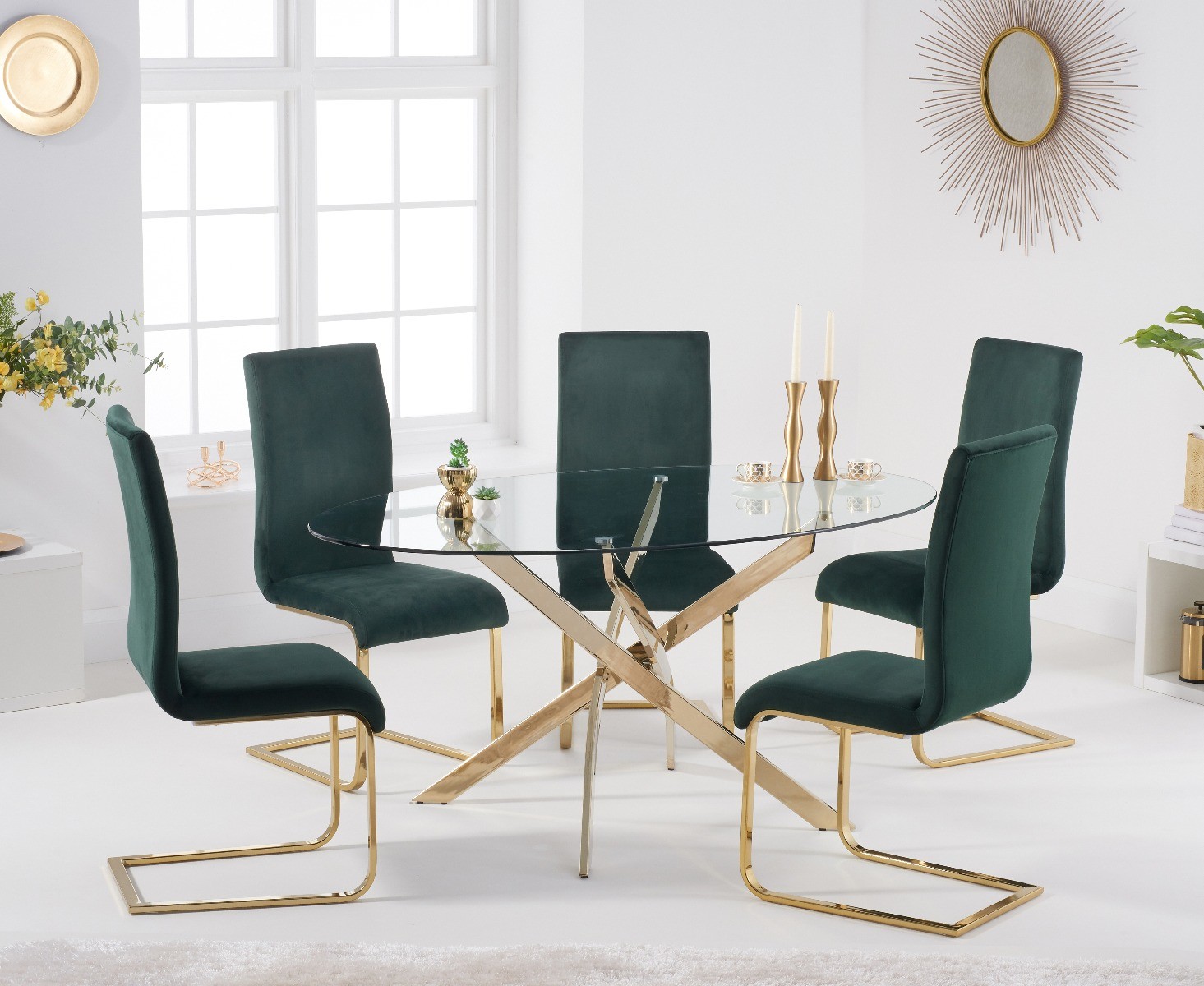 An image of Denver 165cm Oval Gold Leg Glass Dining Table with Malaga Velvet Chairs - Grey, ...