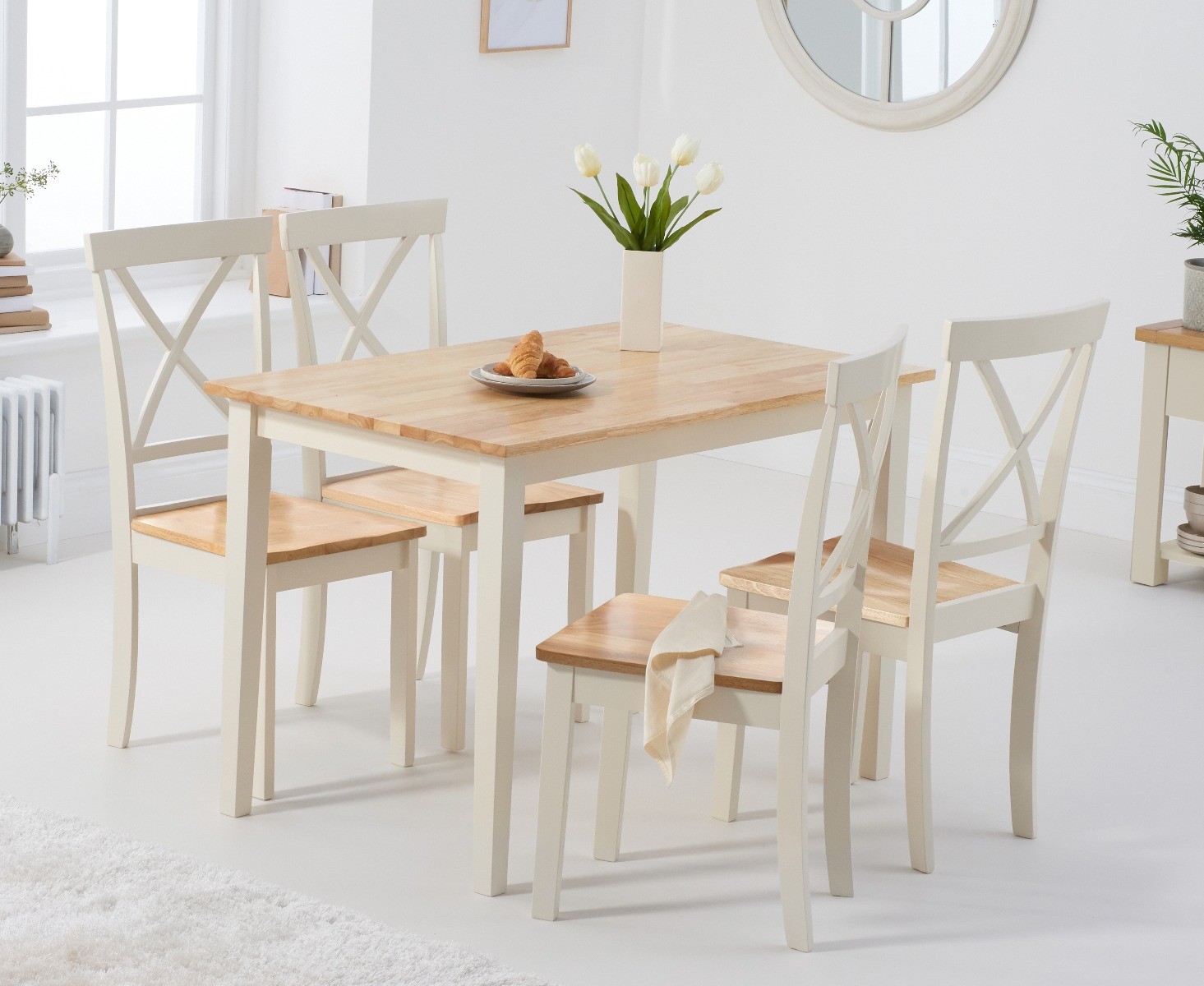 Chiltern 114cm Oak And Cream Painted Dining Table And 6 Cream Epsom Chairs