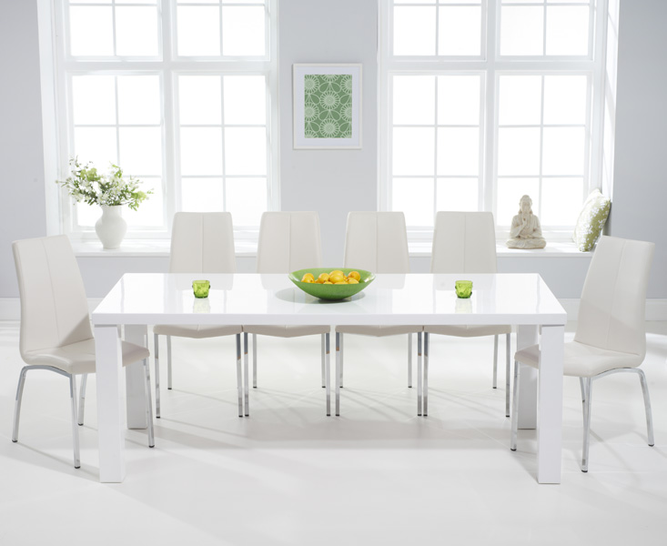 Atlanta 200cm White High Gloss Dining Table With 6 Ivory White Cavello Chairs