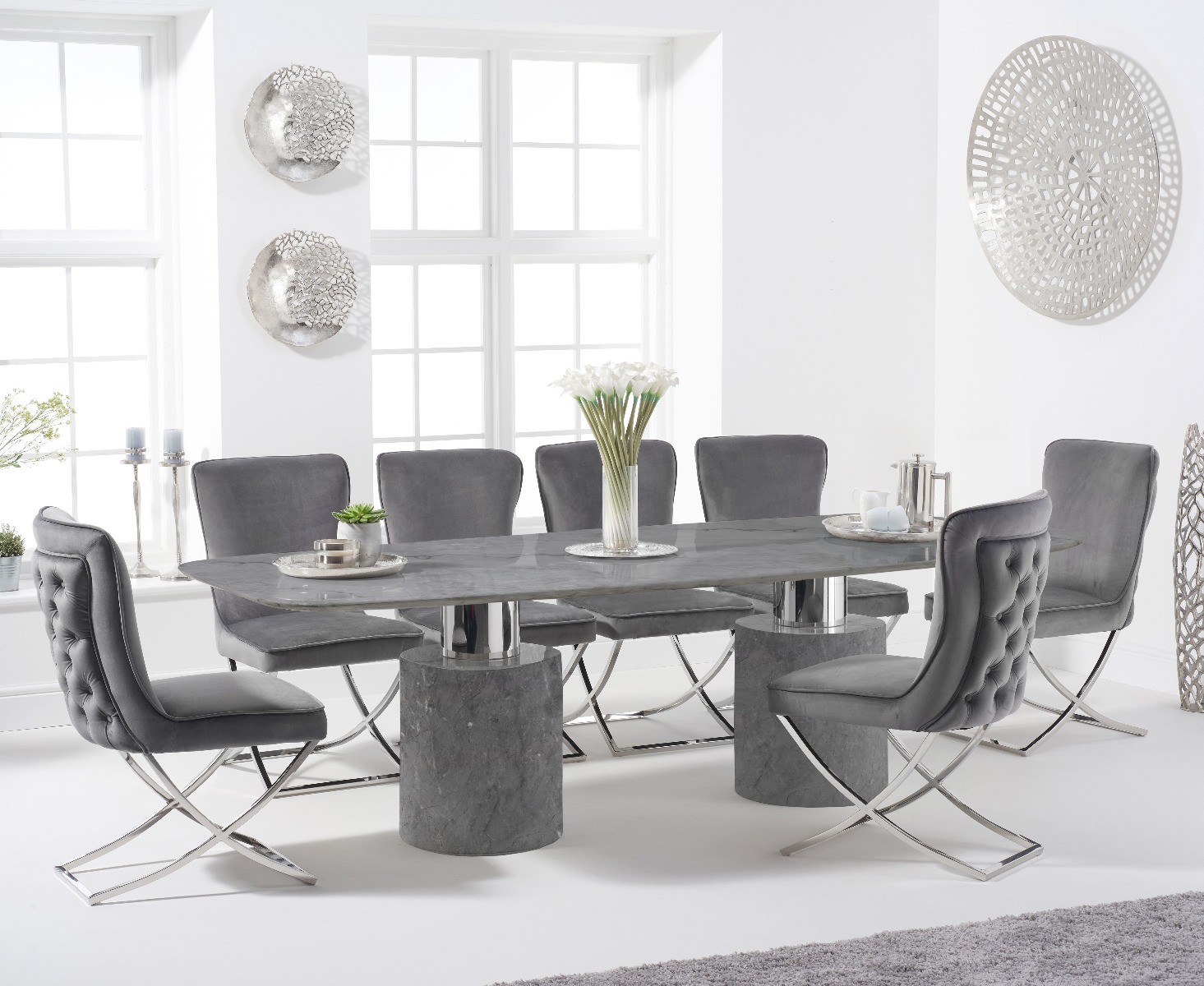 Product photograph of Antonio 260cm Grey Marble Table With 8 Grey Giovanni Velvet Chairs from Oak Furniture Superstore