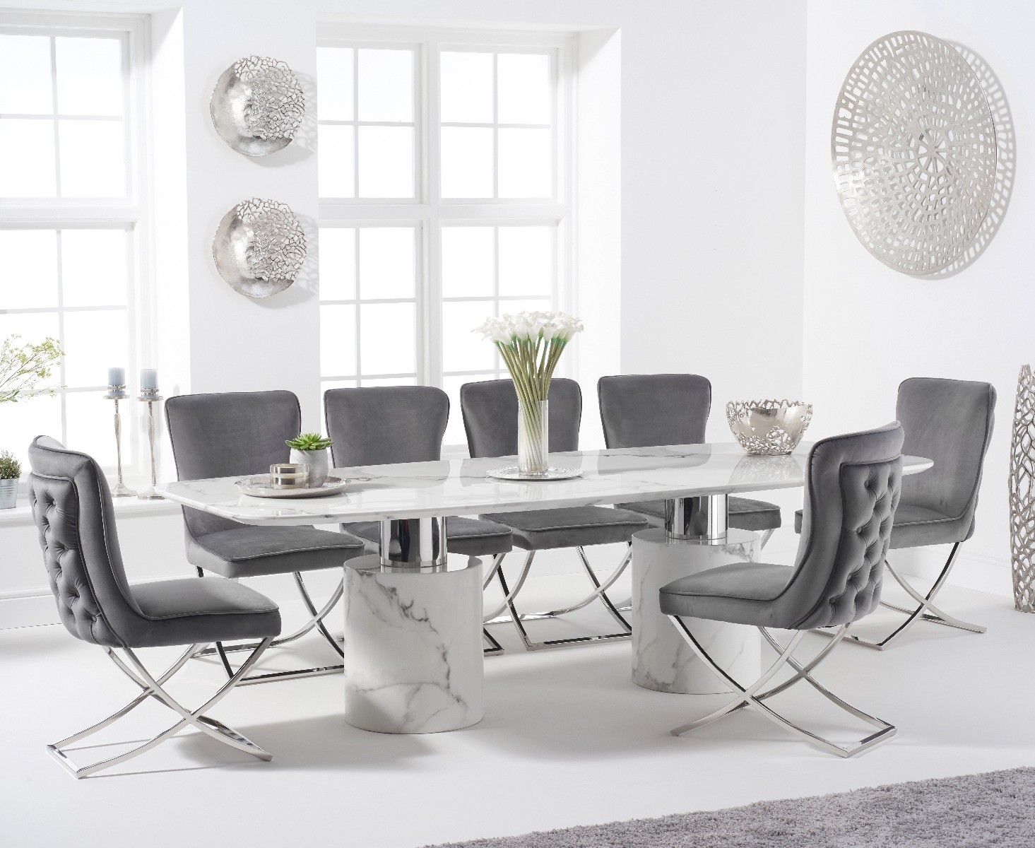 Product photograph of Antonio 260cm White Marble Table With 12 Grey Giovanni Velvet Chairs from Oak Furniture Superstore