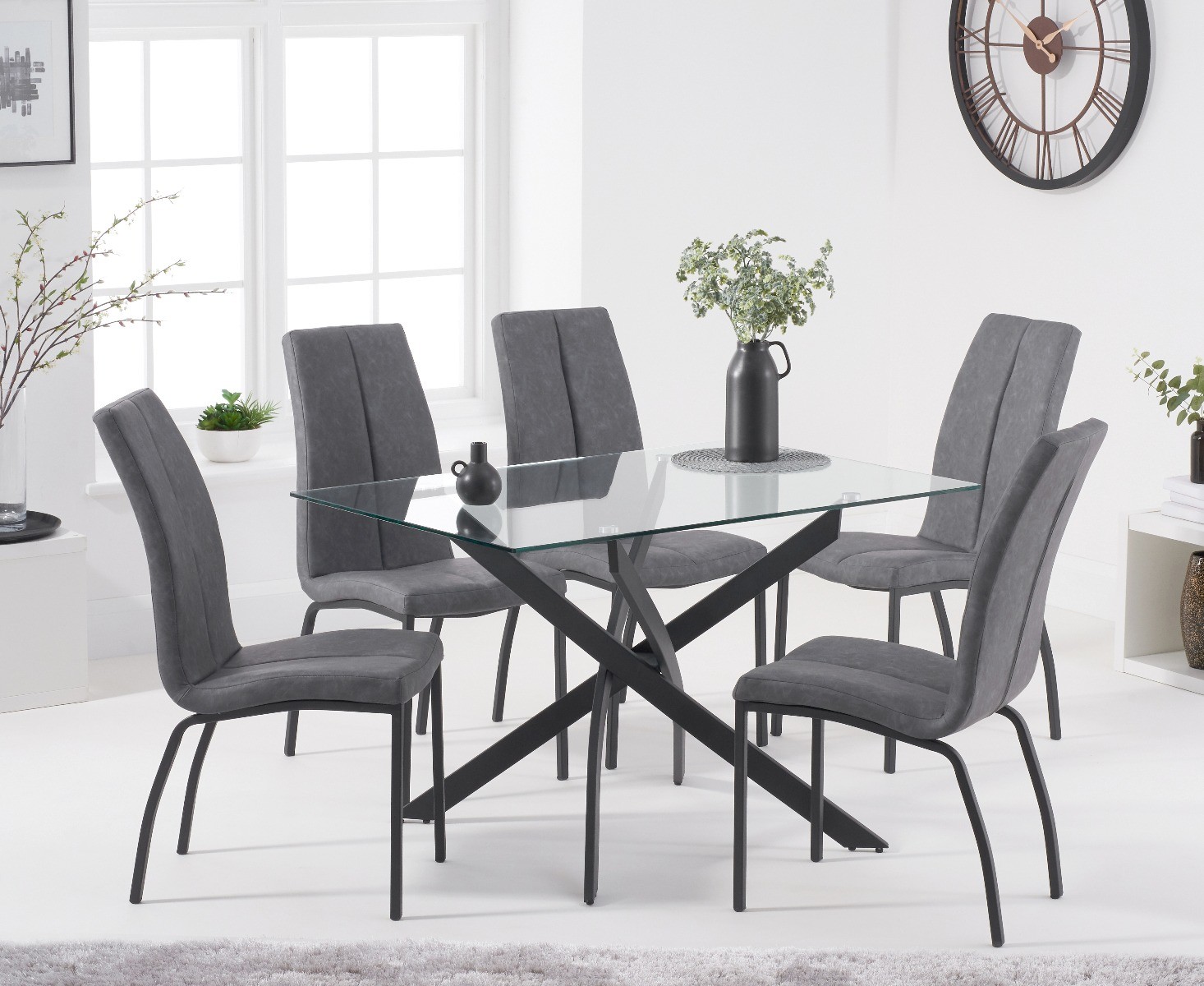 An image of Mara 120cm Rectangular Glass Dining Table with Antique Noir Chairs - Grey, 4 Cha...