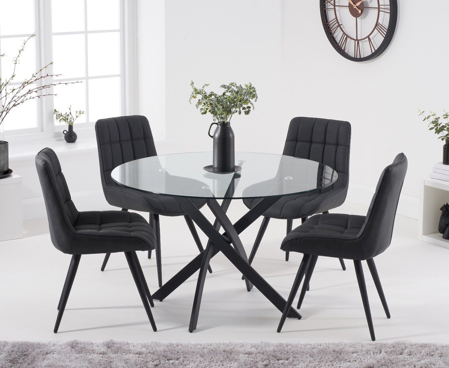 An image of Mara 120cm Round Glass Dining Table with Heidi Chairs - Grey, 4 Chairs